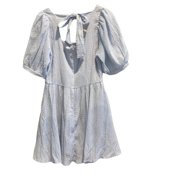 Light Blue Mini Dress Romper Womens Size S Puff Sleeve Open Back Tie Crinkle - Picture 3 of 8